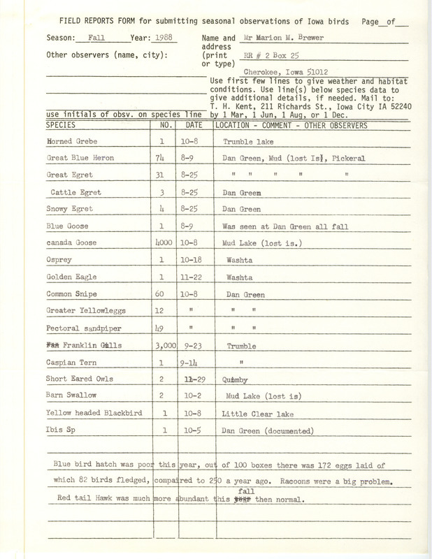 List of birds and locations contributed by Marion M. Brewer. This item was used as supporting documentation for the Iowa Ornithologists Union Quarterly field report of fall 1988.