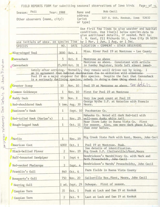 List of birds and locations contributed by Robert I. Cecil with observers Francis L. Moore, John Cecil, Thomas H. Kent and others. The field notes include an attached page with detailed descriptions of a Lesser Yellowlegs, Black-bellied Plover and a Greater Scaup. This item was used as supporting documentation for the Iowa Ornithologists Union Quarterly field report of fall 1988.