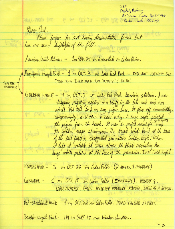 Field notes contributed by David J. Conrads in a letter to Carl J. Bendorf. The field notes include a detailed description of a Golden Eagle. This item was used as supporting documentation for the Iowa Ornithologists Union Quarterly field report of fall 1988.