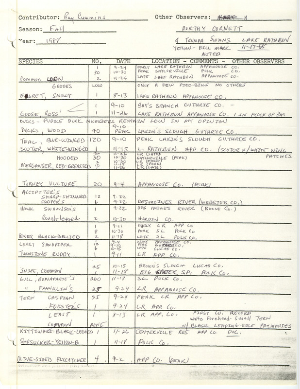 List of birds and locations contributed by Raymond L. Cummins with observers Dot Cornett. This item was used as supporting documentation for the Iowa Ornithologists Union Quarterly field report of fall 1988.