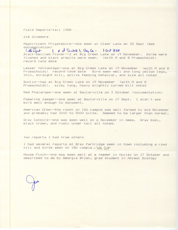 List of birds and locations contributed by James J. Dinsmore with observers Mark Proescholdt and Beth Proescholdt. This item was used as supporting documentation for the Iowa Ornithologists Union Quarterly field report of fall 1988.