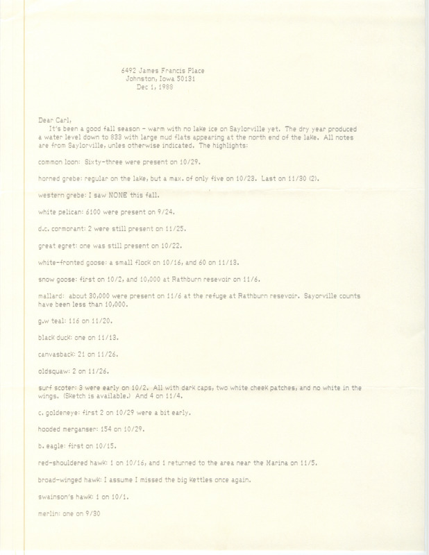 Field notes contributed by Bery Engebretsen in a letter to Carl J. Bendorf with observer Stephen J. Dinsmore. This item was used as supporting documentation for the Iowa Ornithologists Union Quarterly field report of fall 1988.