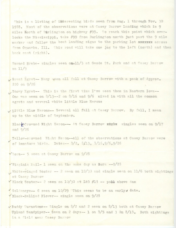 List of birds and locations contributed by Charles Fuller. This item was used as supporting documentation for the Iowa Ornithologists Union Quarterly field report of fall 1988.