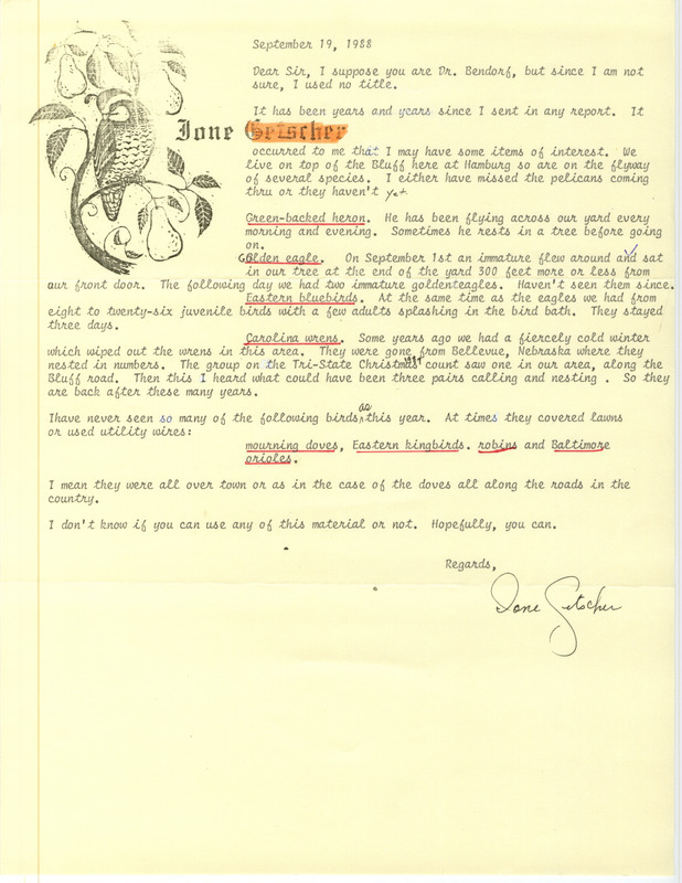 Field notes contributed by Ione Getscher. The field notes include details on several birds. This item was used as supporting documentation for the Iowa Ornithologists Union Quarterly field report of fall 1988.