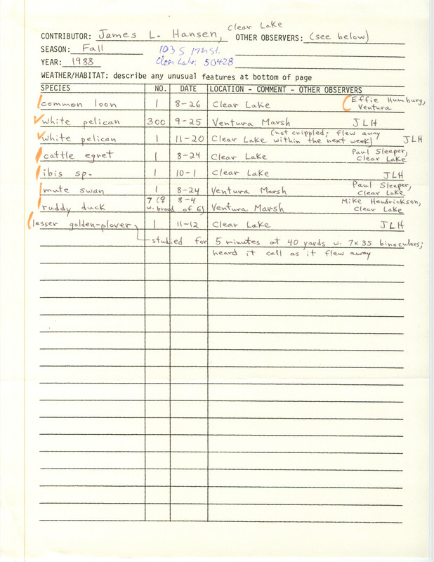 List of birds and locations contributed by James L. Hansen. This item was used as supporting documentation for the Iowa Ornithologists Union Quarterly field report of fall 1988.