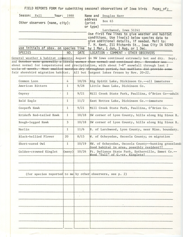 List of birds and locations contributed by Douglas C. Harr. The field notes include an additional page with birds reported to him by multiple observers. This item was used as supporting documentation for the Iowa Ornithologists Union Quarterly field report of fall 1988.