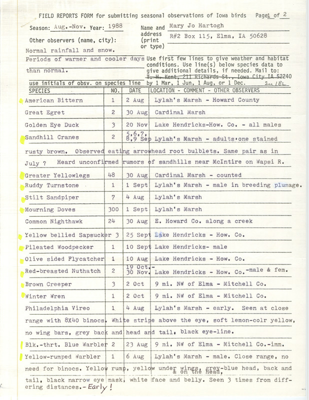 List of birds and locations contributed by Mary Jo Hartogh. This item was used as supporting documentation for the Iowa Ornithologists Union Quarterly field report of fall 1988.