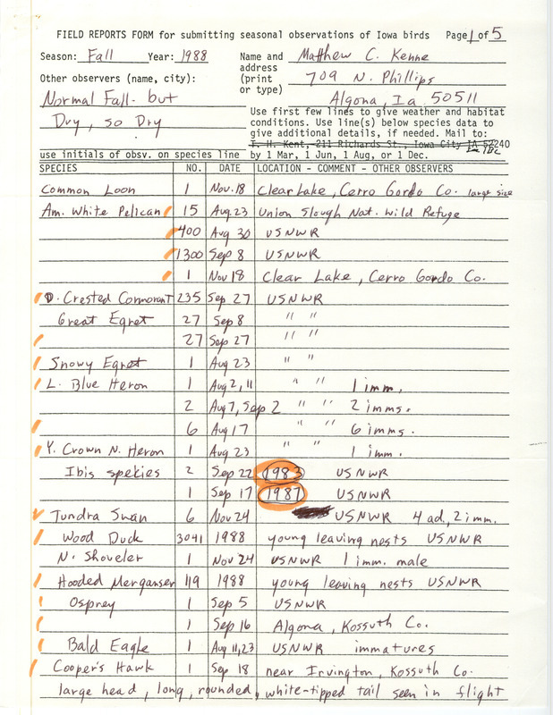 List of birds and locations contributed by Matthew Kenne. This item was used as supporting documentation for the Iowa Ornithologists Union Quarterly field report of fall 1988.