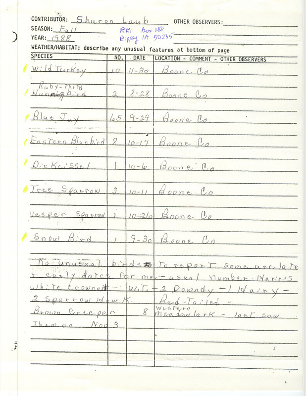 List of birds and locations contributed by Sharon Laub. This item was used as supporting documentation for the Iowa Ornithologists Union Quarterly field report of fall 1988.