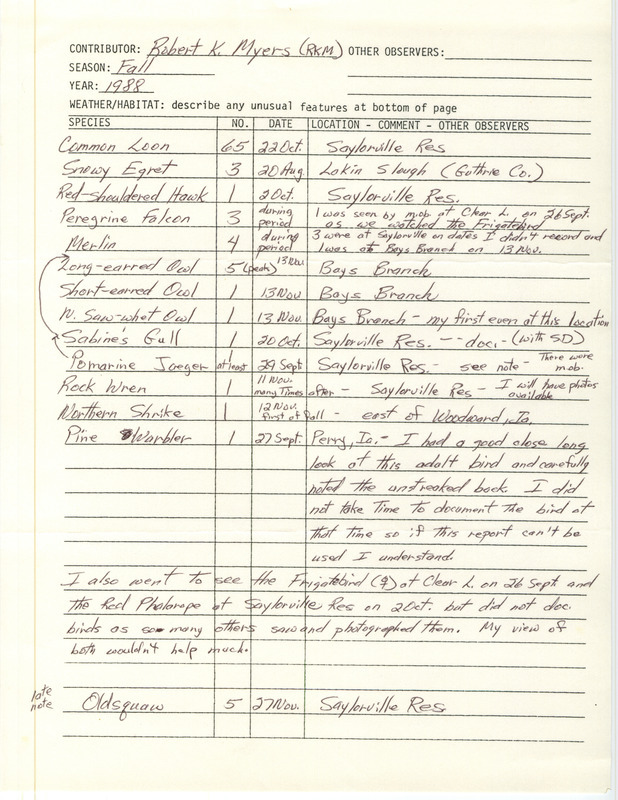 List of birds and locations contributed by Robert K. Myers This item was used as supporting documentation for the Iowa Ornithologists Union Quarterly field report of fall 1988.