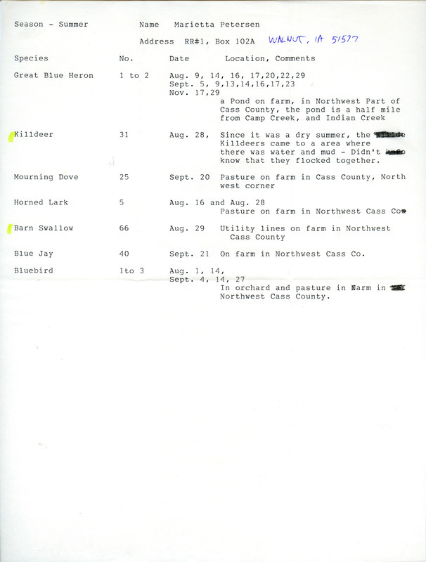 List of birds and locations contributed by Marietta Petersen. This item was used as supporting documentation for the Iowa Ornithologists Union Quarterly field report of fall 1988.