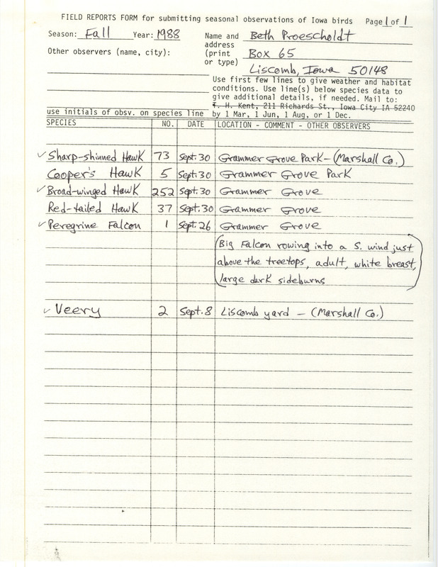 List of birds and locations contributed by Beth Proescholdt. This item was used as supporting documentation for the Iowa Ornithologists Union Quarterly field report of fall 1988.