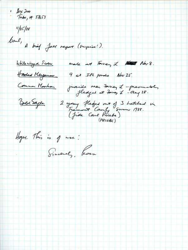 Field notes contributed by W. Ross Silcock in a letter to Carl J. Bendorf. This item was used as supporting documentation for the Iowa Ornithologists Union Quarterly field report of fall 1988.