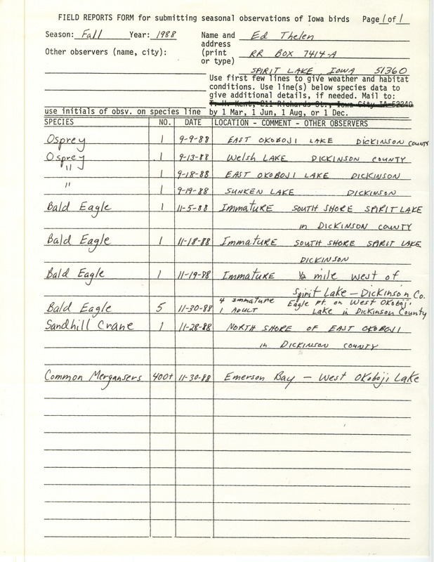 List of birds and locations contributed by Ed Thelen. This item was used as supporting documentation for the Iowa Ornithologists Union Quarterly field report of fall 1988.