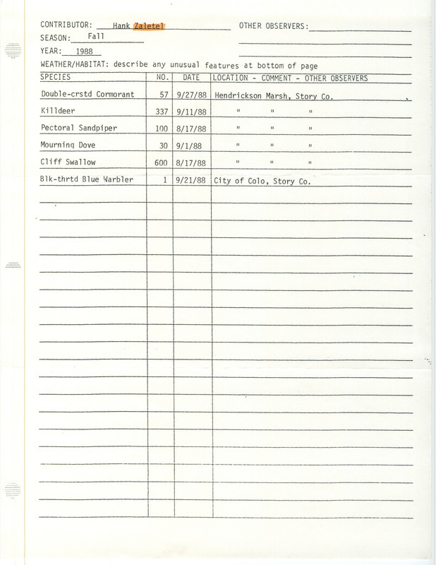 List of birds and locations contributed by Hank Zaletel. This item was used as supporting documentation for the Iowa Ornithologists Union Quarterly field report of fall 1988.