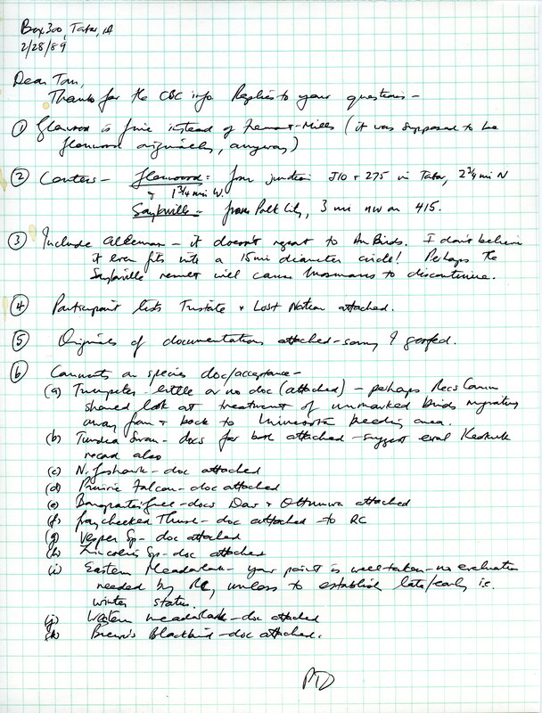 Letter from W. Ross Silcock to Thomas H. Kent regarding questions about the Christmas bird County, February 28, 1989. The letter details several answers from Silcock to multiple inquiries from Kent. This item was used as supporting documentation for the Iowa Ornithologists' Union Quarterly field report of winter 1988-1989.