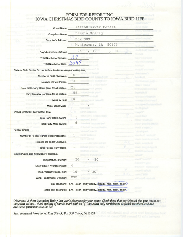 Iowa Christmas bird counts of species found in Yellow River State Forest contributed by Darwin Koenig, December 26, 1988. This item was used as supporting documentation for the Iowa Ornithologists' Union Quarterly field report of winter 1988-1989.