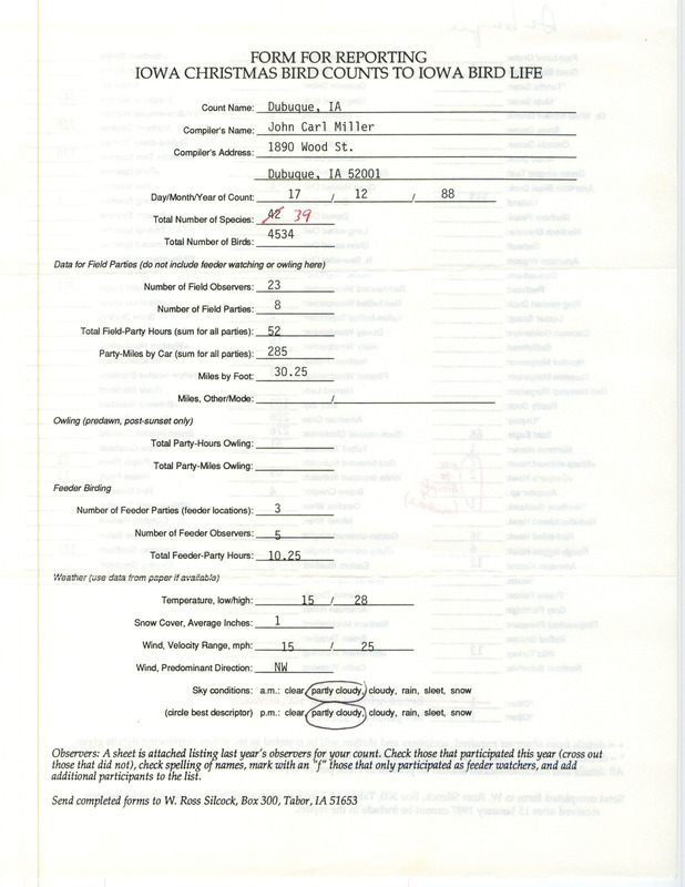 Iowa Christmas bird counts of species found in Dubuque contributed by John Carl Miller, December 17, 1988. This item was used as supporting documentation for the Iowa Ornithologists' Union Quarterly field report of winter 1988-1989.