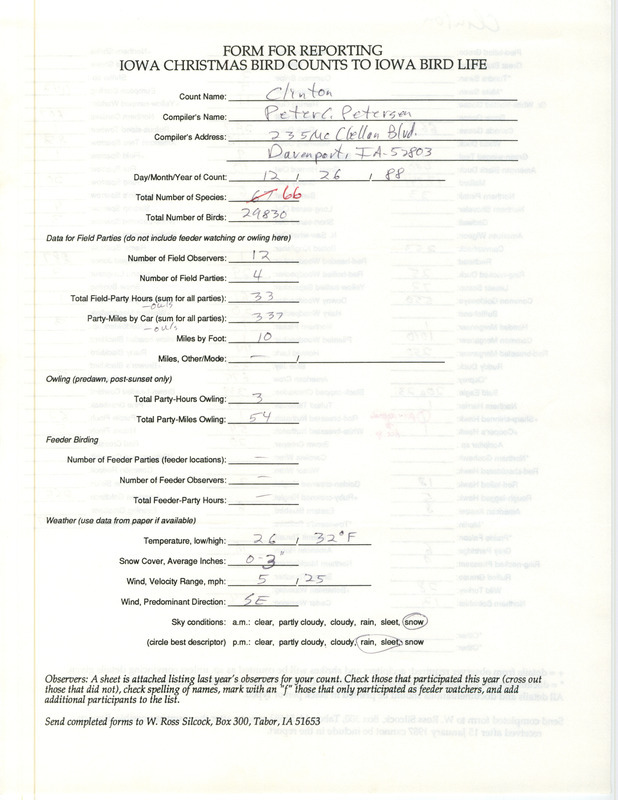 Iowa Christmas bird counts of species found in Clinton contributed by Peter C. Petersen, December 26, 1988. This item was used as supporting documentation for the Iowa Ornithologists' Union Quarterly field report of winter 1988-1989.