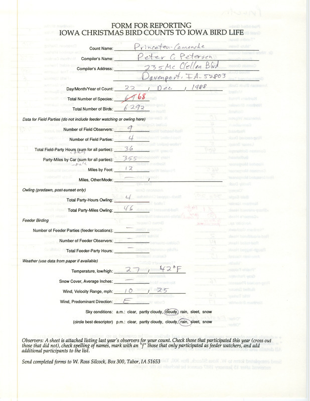 Iowa Christmas bird counts of species found in Princeton and Camanche contributed by Peter C. Petersen, December 22, 1988. This item was used as supporting documentation for the Iowa Ornithologists' Union Quarterly field report of winter 1988-1989.