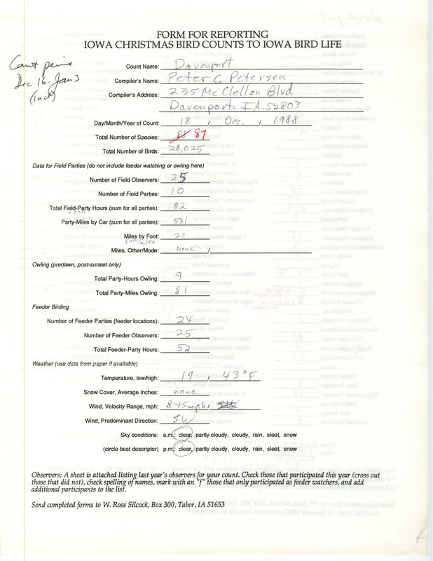 Iowa Christmas bird counts of species found in Davenport contributed by Peter C. Petersen, December 18, 1988. This item was used as supporting documentation for the Iowa Ornithologists' Union Quarterly field report of winter 1988-1989.