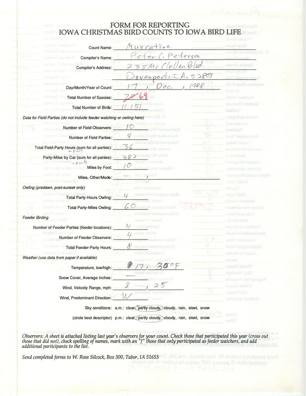 Iowa Christmas bird counts of species found in Muscatine contributed by Peter C. Petersen, December 17, 1988. This item was used as supporting documentation for the Iowa Ornithologists' Union Quarterly field report of winter 1988-1989.