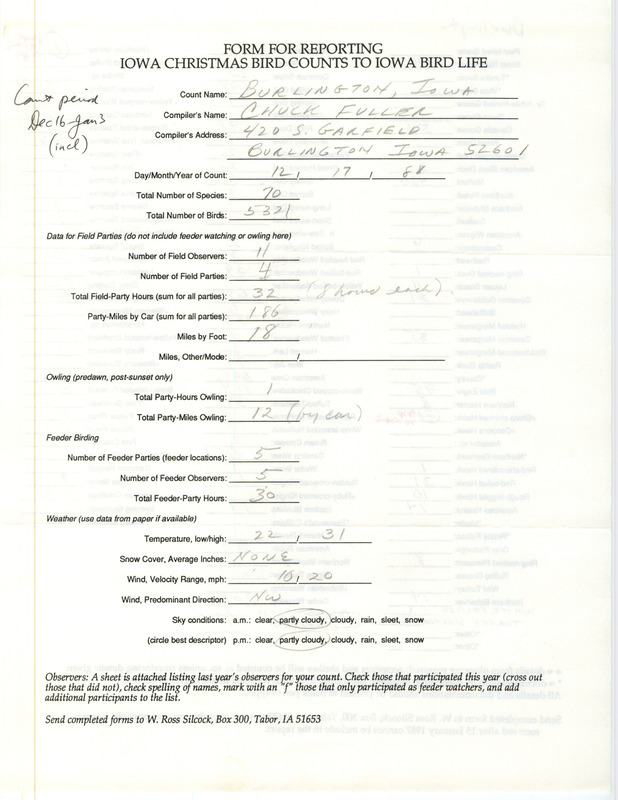 Iowa Christmas bird counts of species found in Burlington contributed by Charles Fuller, December 17, 1988. This item was used as supporting documentation for the Iowa Ornithologists' Union Quarterly field report of winter 1988-1989.