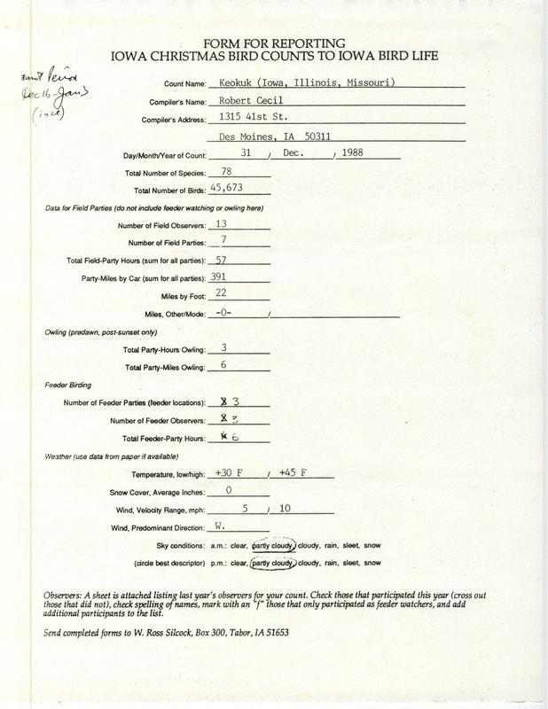 Iowa Christmas bird counts of species found in Keokuk (Iowa, Illinois, Missouri) contributed by Robert I. Cecil, December 31, 1988. This item was used as supporting documentation for the Iowa Ornithologists' Union Quarterly field report of winter 1988-1989.