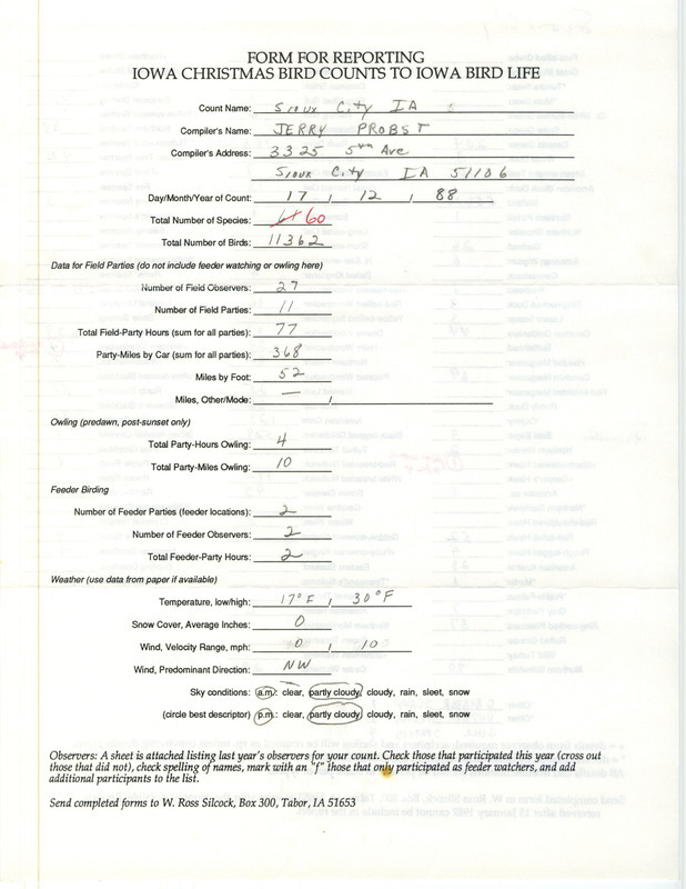 Iowa Christmas bird counts of species found in Sioux City contributed by Jerry Probst, December 17, 1988. This item was used as supporting documentation for the Iowa Ornithologists' Union Quarterly field report of winter 1988-1989.