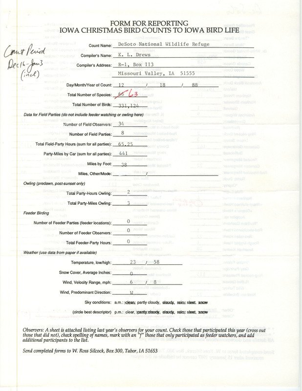 Iowa Christmas bird counts of species found in DeSoto National Wildlife Refuge contributed by K. L. Drews, December 17, 1988. This item was used as supporting documentation for the Iowa Ornithologists' Union Quarterly field report of winter 1988-1989.