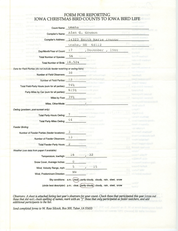 Iowa Christmas bird counts of species found in Omaha contributed by Alan G. Grenon, December 17, 1988. This item was used as supporting documentation for the Iowa Ornithologists' Union Quarterly field report of winter 1988-1989.