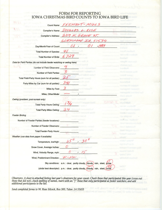 Iowa Christmas bird counts of species found in Fremont County and Mills County contributed by Douglas Rose, January 1, 1989. This item was used as supporting documentation for the Iowa Ornithologists' Union Quarterly field report of winter 1988-1989.