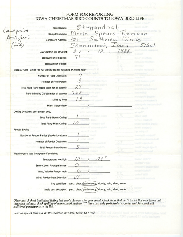 Iowa Christmas bird counts of species found in Shenandoah contributed by Marie E. Spears Tiemann, December 27, 1988. This item was used as supporting documentation for the Iowa Ornithologists' Union Quarterly field report of winter 1988-1989.