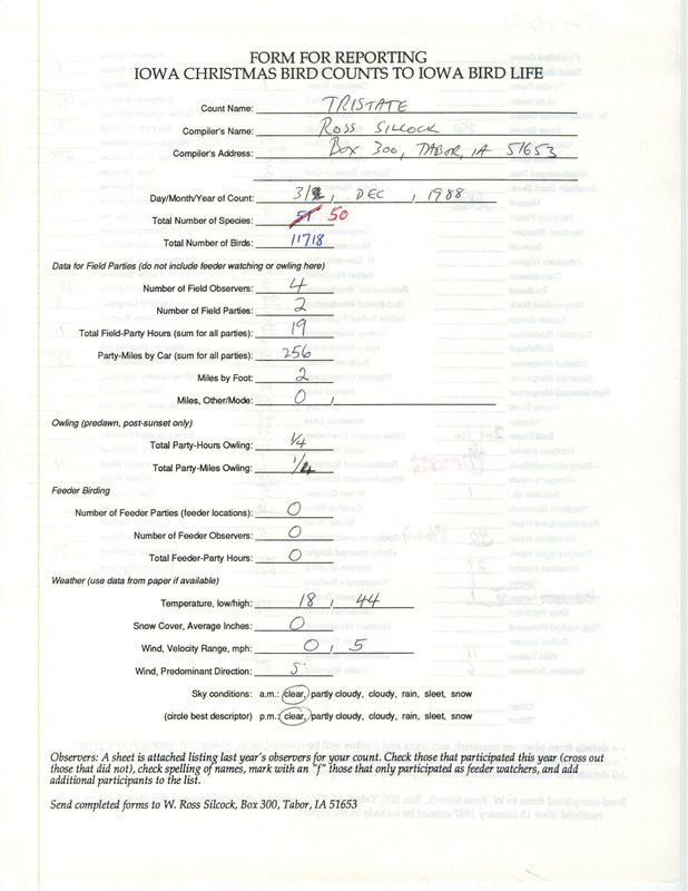 Iowa Christmas bird counts of species found in the Tristate area (Fremont County, Missouri, Nebraska) contributed by W. Ross Silcock, December 31, 1988. This item was used as supporting documentation for the Iowa Ornithologists' Union Quarterly field report of winter 1988-1989.