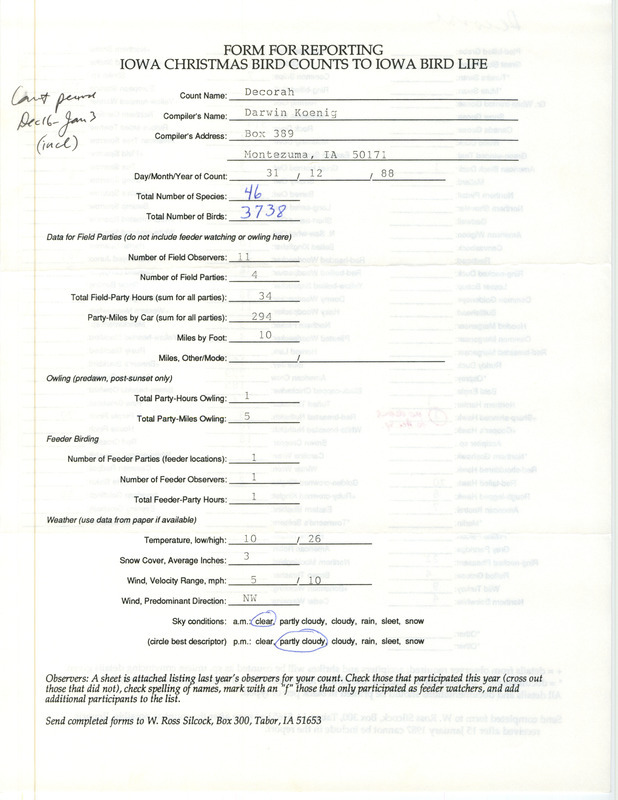 Iowa Christmas bird counts of species found in Decorah contributed by Darwin Koenig, December 31, 1988. This item was used as supporting documentation for the Iowa Ornithologists' Union Quarterly field report of winter 1988-1989.