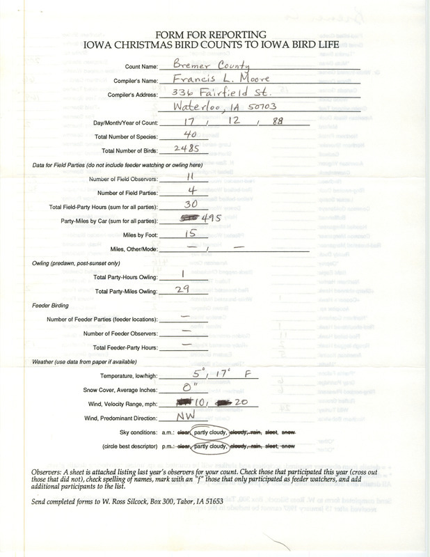 Iowa Christmas bird counts of species found in Bremer County contributed by Francis L. Moore, December 17, 1988. This item was used as supporting documentation for the Iowa Ornithologists' Union Quarterly field report of winter 1988-1989.