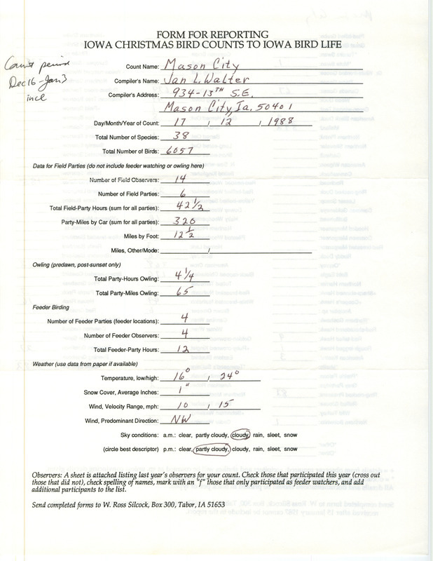 Iowa Christmas bird counts of species found in Mason City contributed by Jan L. Walter, December 17, 1988. This item was used as supporting documentation for the Iowa Ornithologists' Union Quarterly field report of winter 1988-1989.