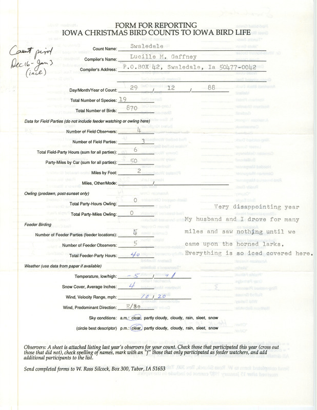 Iowa Christmas bird counts of species found in Swaledale contributed by Lucille M. Gaffney, December 29, 1988. This item was used as supporting documentation for the Iowa Ornithologists' Union Quarterly field report of winter 1988-1989.