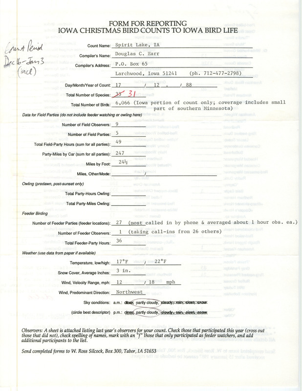 Iowa Christmas bird counts of species found in Swaledale contributed by Douglas C. Harr, December 17, 1988. This item was used as supporting documentation for the Iowa Ornithologists' Union Quarterly field report of winter 1988-1989.