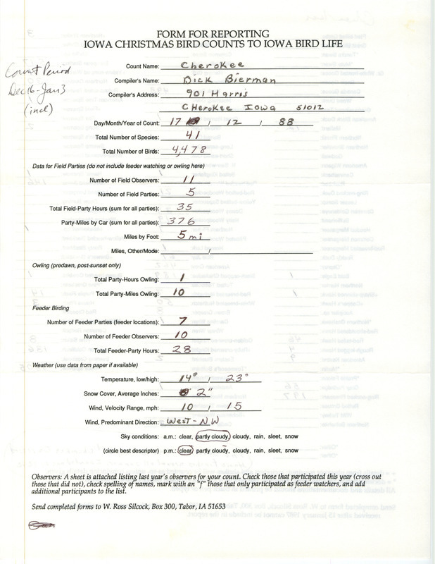 Iowa Christmas bird counts of species found in Cherokee contributed by Dick Bierman, December 17, 1988. This item was used as supporting documentation for the Iowa Ornithologists' Union Quarterly field report of winter 1988-1989.