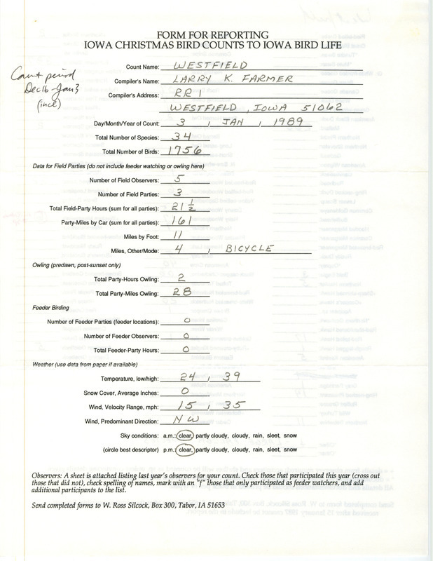 Iowa Christmas bird counts of species found in Westfield contributed by Larry Farmer, January 3, 1989. This item was used as supporting documentation for the Iowa Ornithologists' Union Quarterly field report of winter 1988-1989.