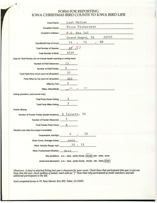 Iowa Christmas bird counts of species found in Lost Nation contributed by Bryce A. Richardson, December 16, 1988. This item was used as supporting documentation for the Iowa Ornithologists' Union Quarterly field report of winter 1988-1989.