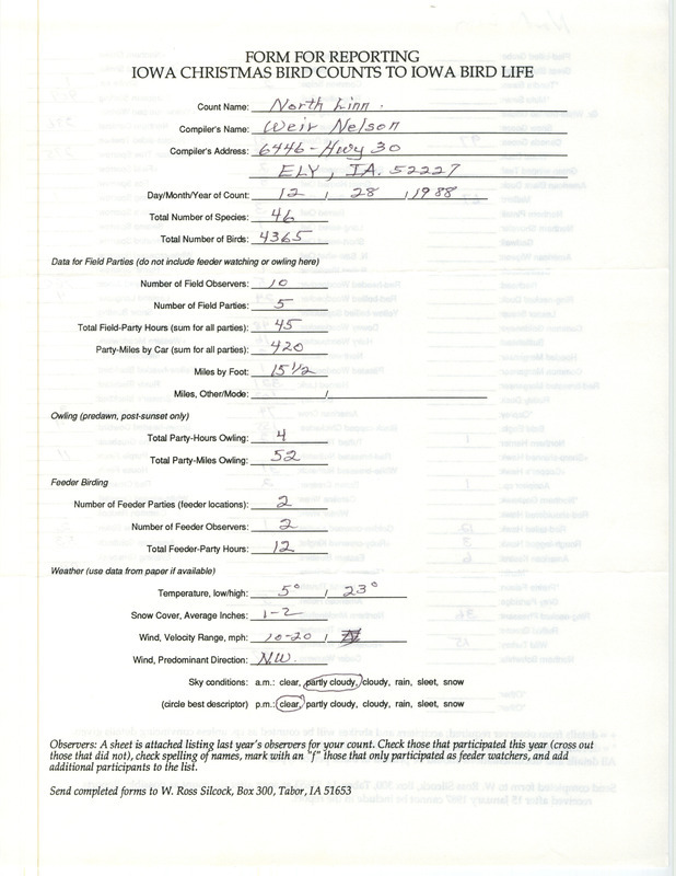 Iowa Christmas bird counts of species found in north Linn County contributed by Weir Nelson, December 28, 1988. This item was used as supporting documentation for the Iowa Ornithologists' Union Quarterly field report of winter 1988-1989.