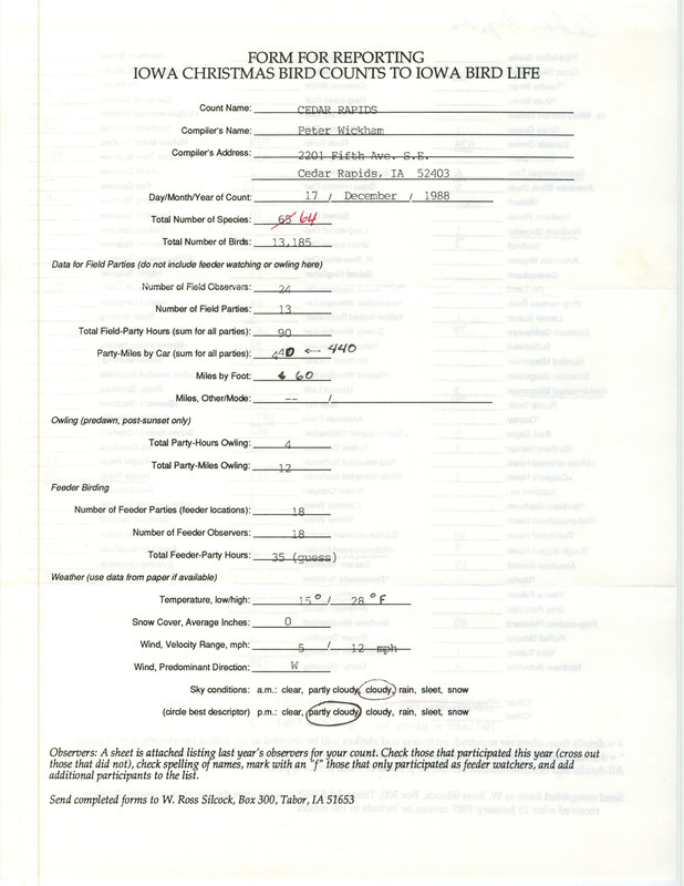 Iowa Christmas bird counts of species found in Cedar Rapids contributed by Peter P. Wickham, December 17, 1988. This item was used as supporting documentation for the Iowa Ornithologists' Union Quarterly field report of winter 1988-1989.