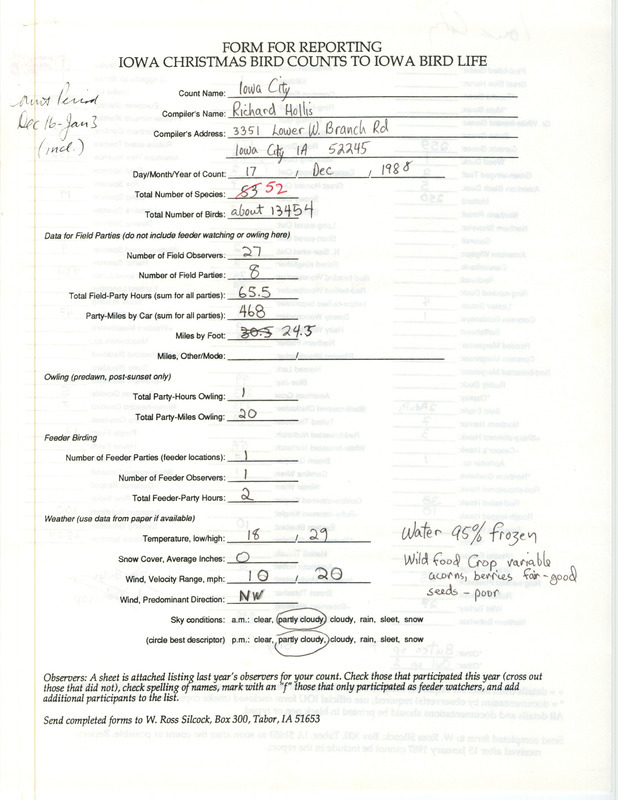 Iowa Christmas bird counts of species found in Iowa City contributed by Richard Jule Hollis, December 17, 1988. This item was used as supporting documentation for the Iowa Ornithologists' Union Quarterly field report of winter 1988-1989.