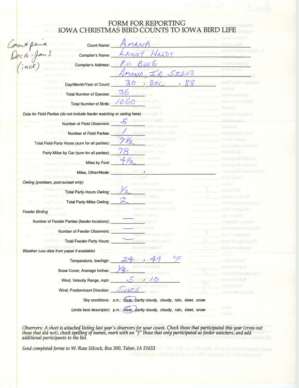 Iowa Christmas bird counts of species found in Amana contributed by Lanny Haldy, December 30, 1988. This item was used as supporting documentation for the Iowa Ornithologists' Union Quarterly field report of winter 1988-1989.