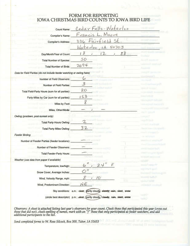 Iowa Christmas bird counts of species found in Cedar Falls and Waterloo contributed by Francis L. Moore, December 18, 1988. This item was used as supporting documentation for the Iowa Ornithologists' Union Quarterly field report of winter 1988-1989.