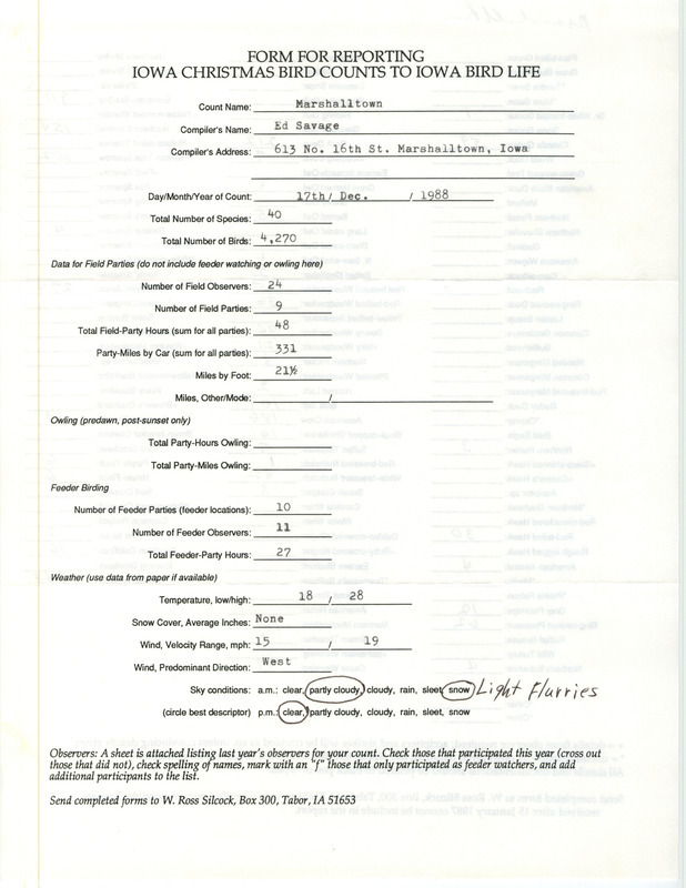 Iowa Christmas bird counts of species found in Marshalltown contributed by Ed Savage, December 17, 1988. This item was used as supporting documentation for the Iowa Ornithologists' Union Quarterly field report of winter 1988-1989.