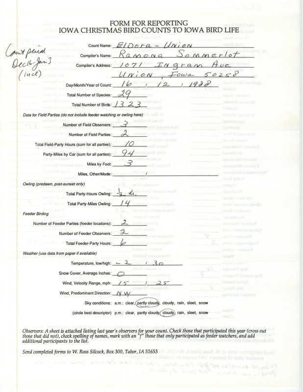 Iowa Christmas bird counts of species found in Eldora and Union contributed by Ramona R. Sommerlot, December 16, 1988. This item was used as supporting documentation for the Iowa Ornithologists' Union Quarterly field report of winter 1988-1989.