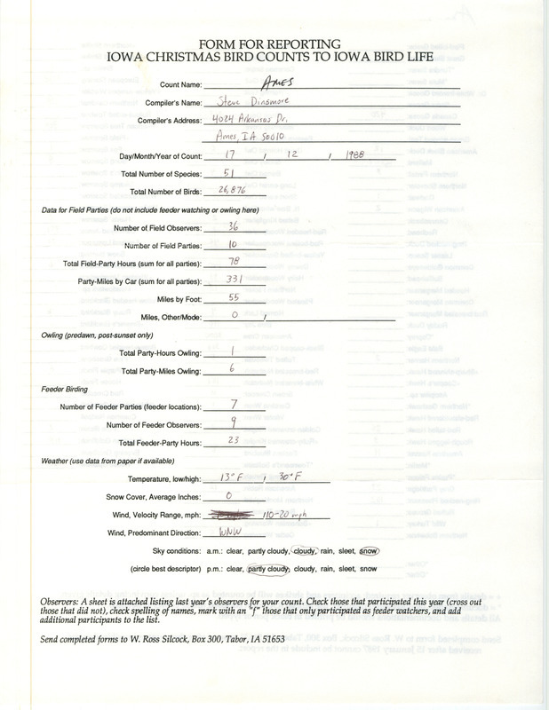 Iowa Christmas bird counts of species found in Ames contributed by Stephen J. Dinsmore, December 17, 1988. This item was used as supporting documentation for the Iowa Ornithologists' Union Quarterly field report of winter 1988-1989.